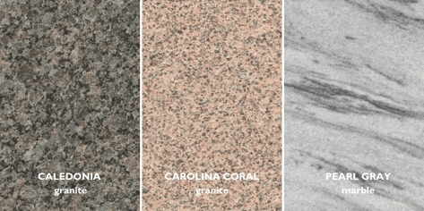 Caledonia-granite-Carolina-Coral-granite-Pearl-Gray-marble-samples (2)