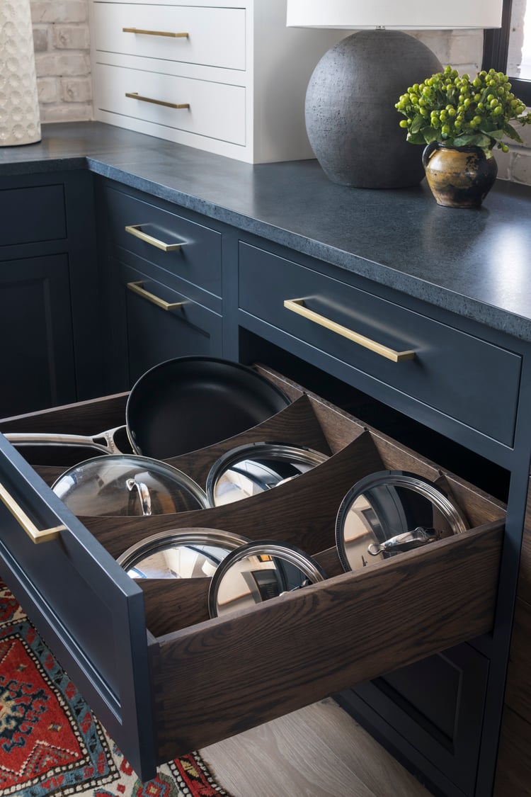Custom Blue Cabinets with Alberene Soapstone Countertops and storage