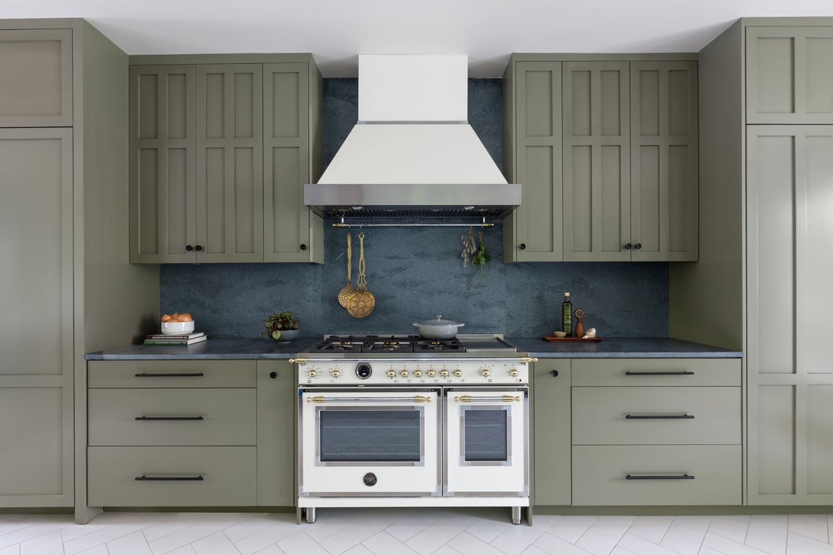 Bertazzoni heritage range and hood paired with Alberene Soapstone countertops in sustainable biophilic kitchen 