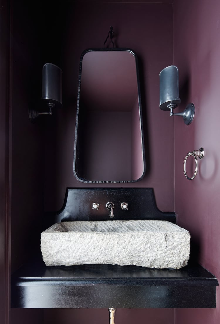 Custom Alberene Soapstone vanity countertop in moody powder room with purple bathroom walls